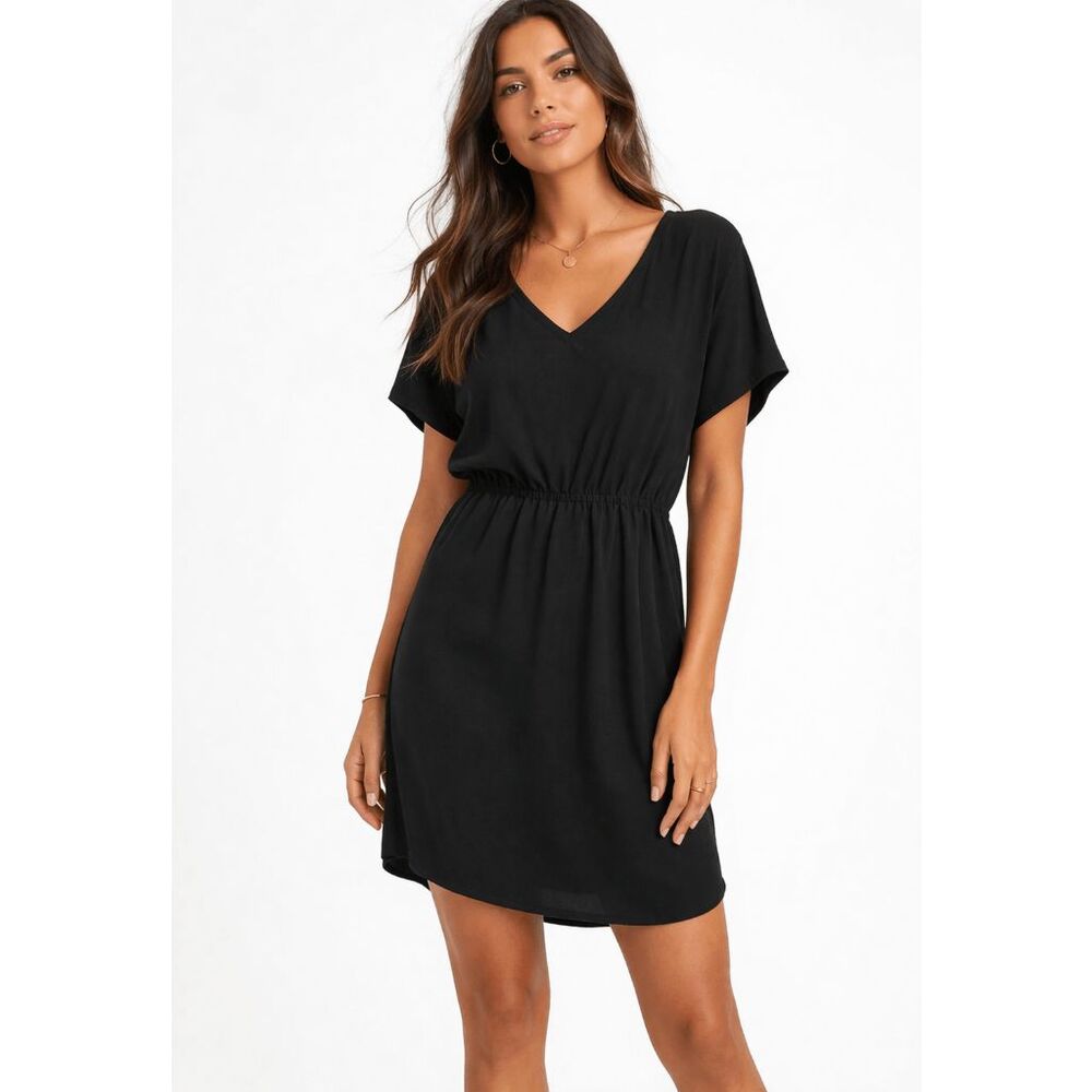Elings Women's Black V-neck Short Sleeve Elastic Waist Dress XL